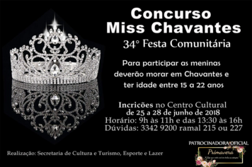 inscrições para o concurso Miss Chavantes 2018