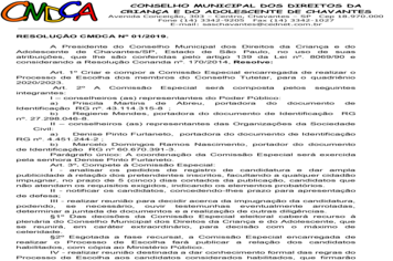 RESOLUÇÃO CMDCA N. 01 - COMISSÃO DE ESCOLHA