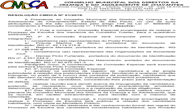 RESOLUÇÃO CMDCA N. 01 - COMISSÃO DE ESCOLHA